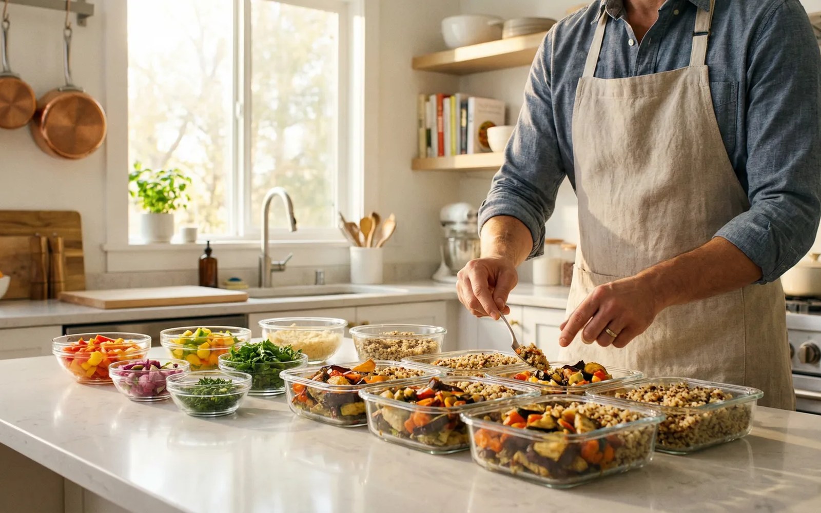 Five meal-prep containers and a weekly planner sheet on beige stone